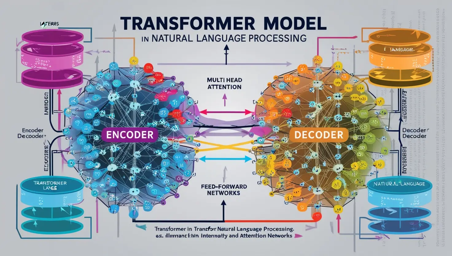 Abstract illustration of a Transformer model in natural language processing, displaying a complex network of nodes and connections for the encoder and decoder layers, with arrows illustrating information flow and multi-head attention mechanisms. The background features subtle elements of text and code symbolizing language and computation.