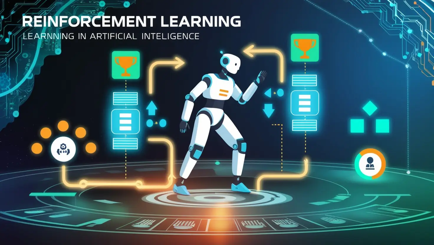 An abstract illustration representing reinforcement learning in artificial intelligence. A stylized agent (a robotic figure or digital avatar) interacts with an environment containing directional arrows, reward icons like trophies or medals, and states represented by squares or circles. Glowing lines or dotted paths show the agent exploring various actions to achieve a goal. In the background, subtle neural network and electronic circuit elements highlight the technological aspect. The image features a futuristic color palette with blues, greens, and oranges, symbolizing learning and optimization through experience.