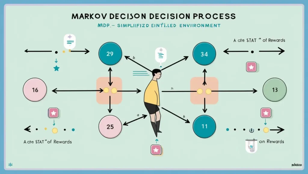 A visual representation of a Markov Decision Process (MDP) in a simplified environment. A central stylized agent moves through different states, represented by numbered or colored circles. Each state is connected by directional arrows indicating possible actions and transitions. Small icons like stars or tokens signify rewards near certain states, illustrating potential gains. The color palette includes light blues and pastel greens, with clear labels and annotations that visually explain the transition flow between states and actions in an MDP.