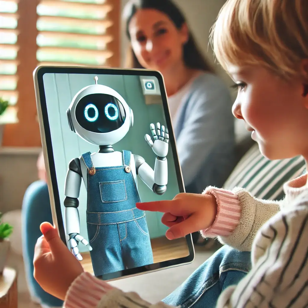 Child safely engaging with character AI on a tablet.