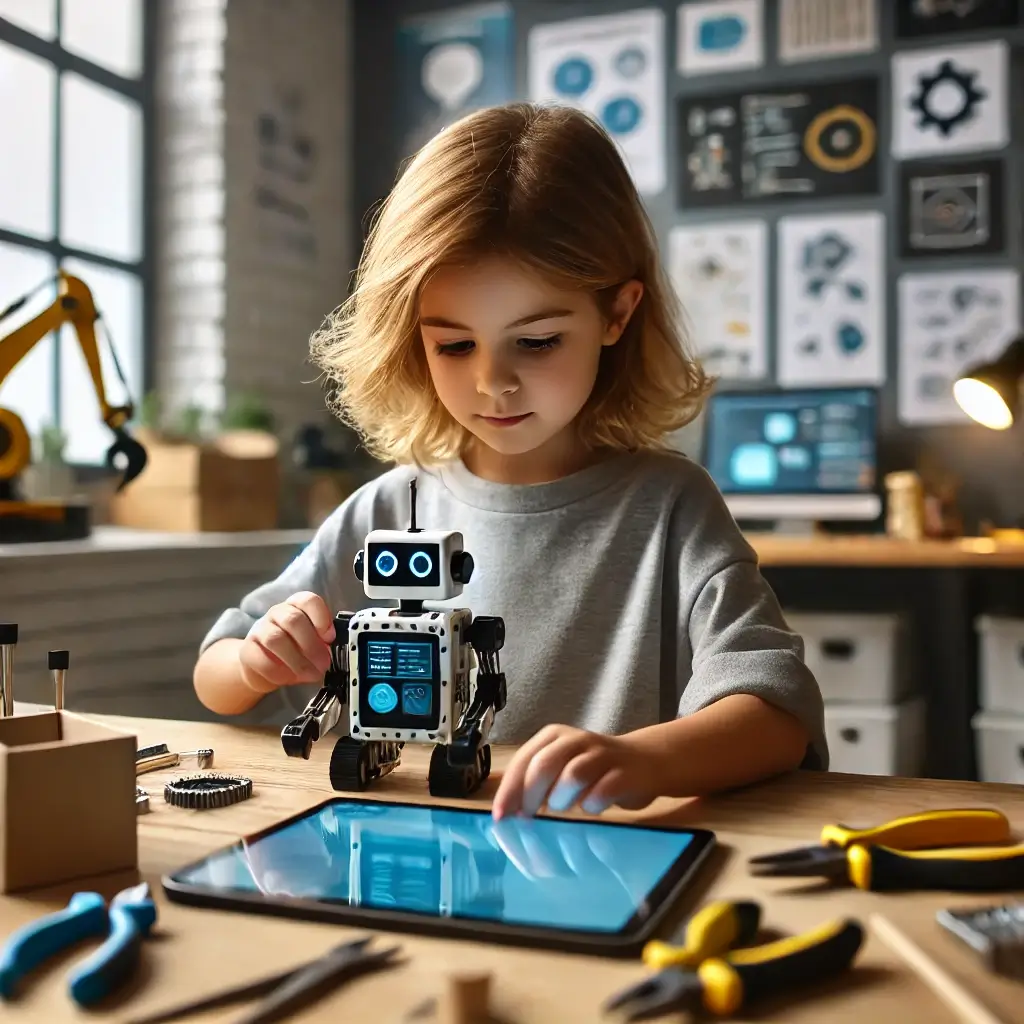 Child building and programming an AI robot.