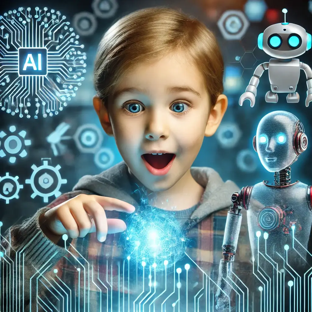 Child fascinated by holographic AI concepts