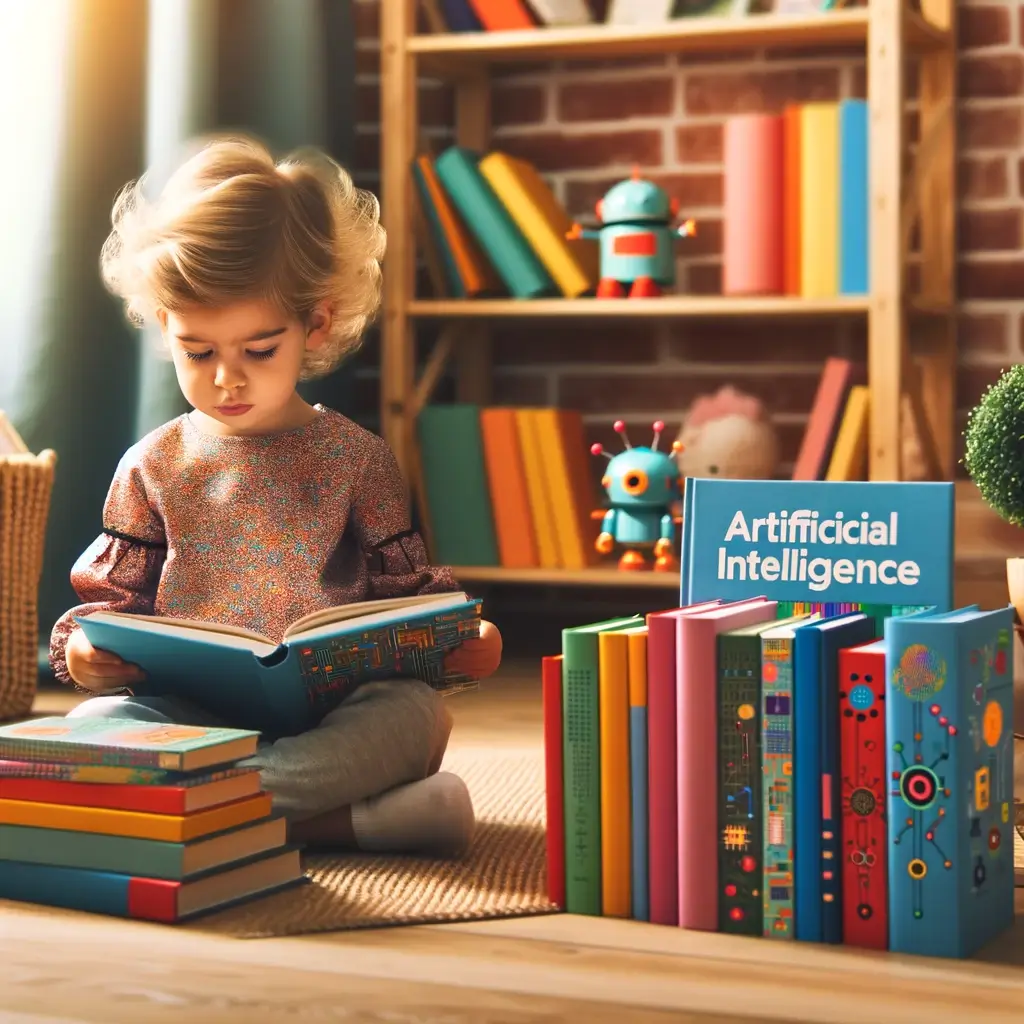 Child reading books on artificial intelligence for kids