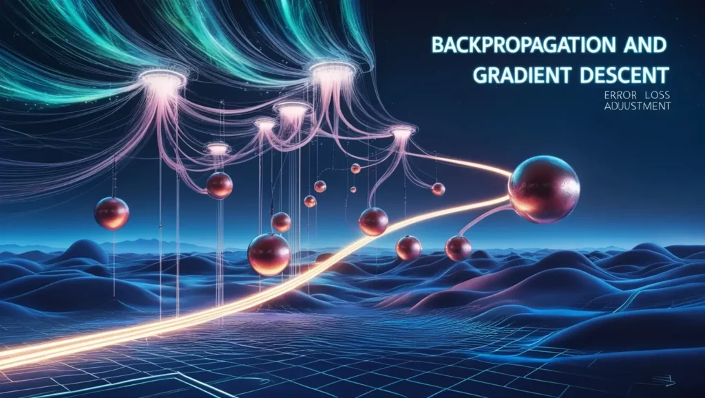 Backpropagation process and gradient descent optimization in a neural network