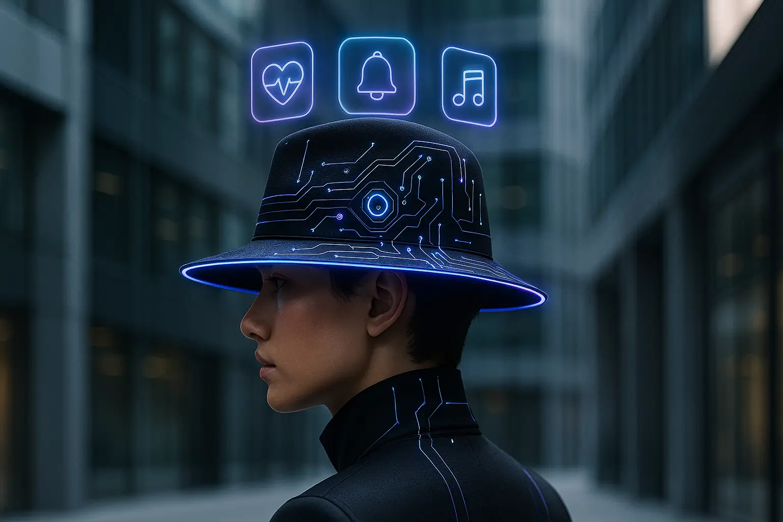 futuristic smart fashion concept featuring a stylish unisex AI-powered
